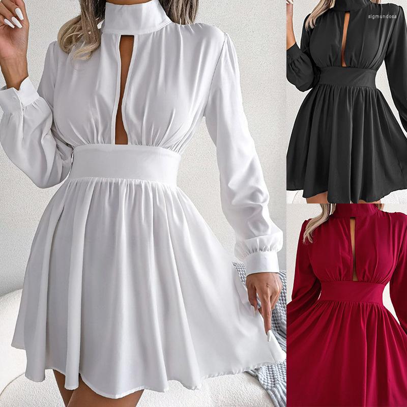 

Casual Dresses Women Long Sleeve Autumn Dress Solid Color Mock Neck Cut Out Pleated Female 90s Fairy Vintage, Red