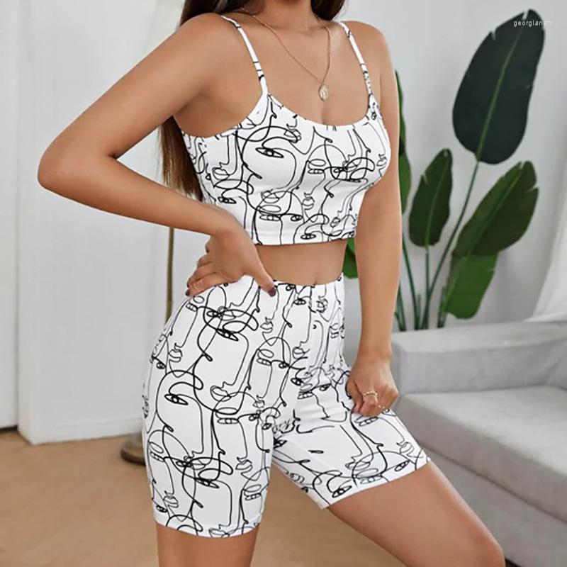 

Women' Tracksuits Gotoola 2023 Summer Women' Elegant White Printed Abstract Painted Sexy Small Strap Slim Shorts Fashion Two-Piece