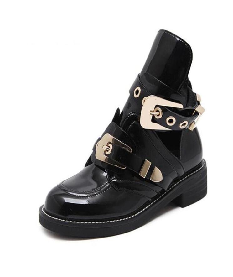 

European famous brand woman boots buckle strap boots cut out ankle boot for woman metal buckle open Martin boats British 9314337, Red
