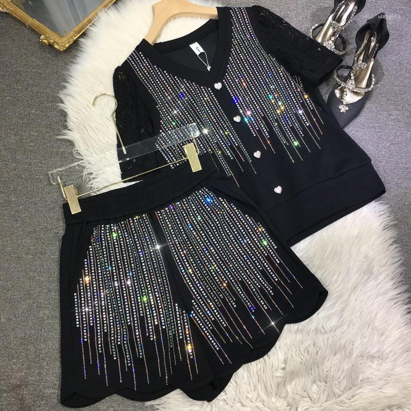 

Women's Tracksuits Blingbling Sparkling Water Drill T-shirt Love Diamond Buckle Lace Short Sleeve Top All-match Elastic Waist Wide Leg, Shorts