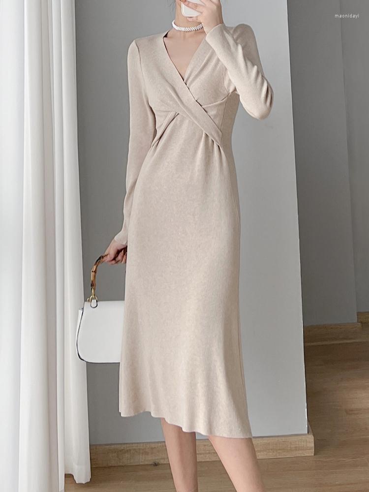 

Casual Dresses QOERLIN Sweater Women 2023 Autumn Winter Elegant Midi Dress Stretch Knitted V Neck Criss-Cross Vestidos Mujer, Beige