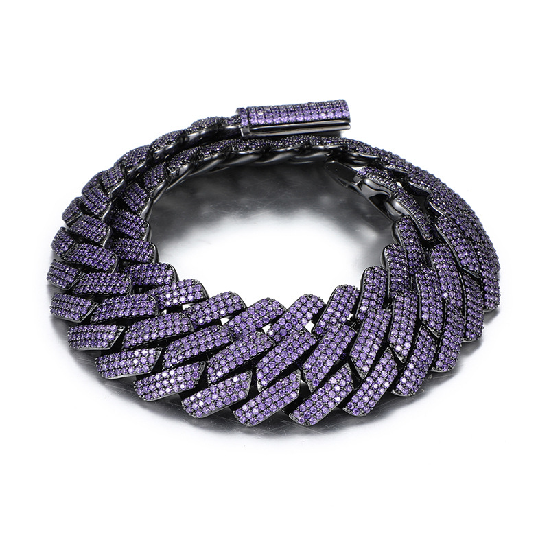 

2023 New Arrival 20MM Prism Cuba Chain3 Three Rows Purple Zircon Diamond Balck Plated Hip Hop Style High Quality Copper Brass Chain Necklace