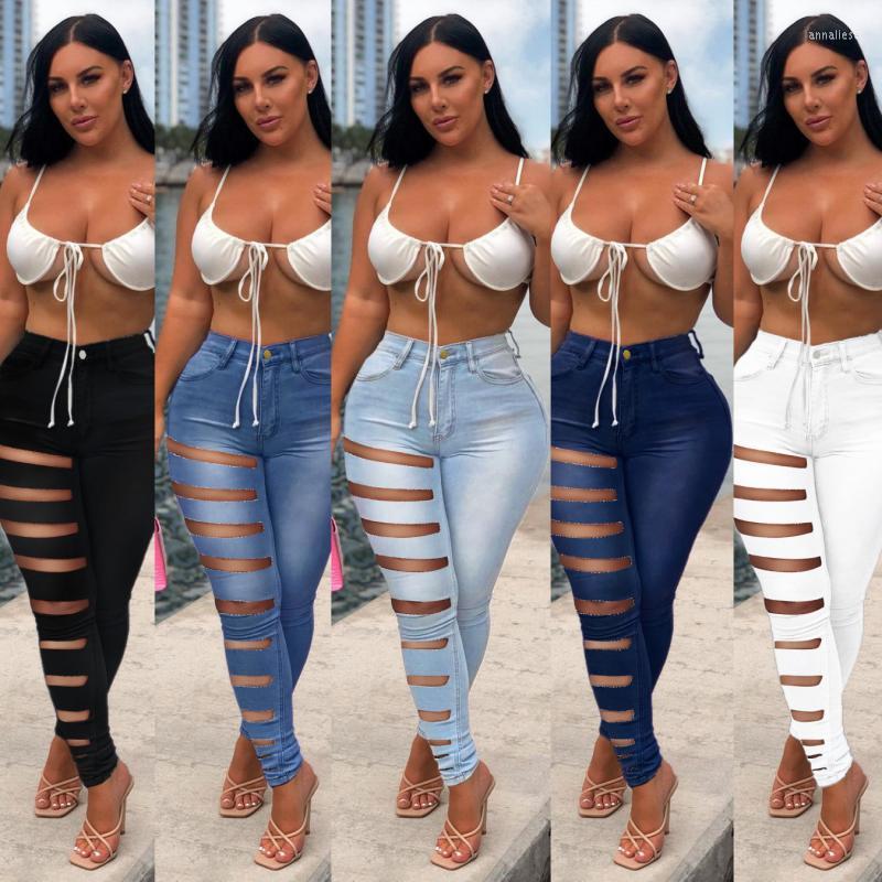 

Women' Jeans Women' Fashion Solid Color Ripped Casual Pencil Pants Trousers, Black