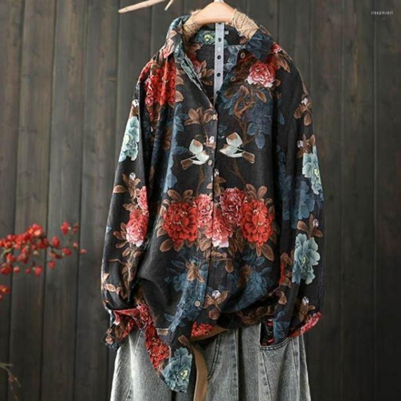 

Women's Blouses Lapel Long Sleeve Women Shirt Buttons Placket Anti-pilling Retro Flower Pattern Loose Cardigan Daily Garment, Khaki