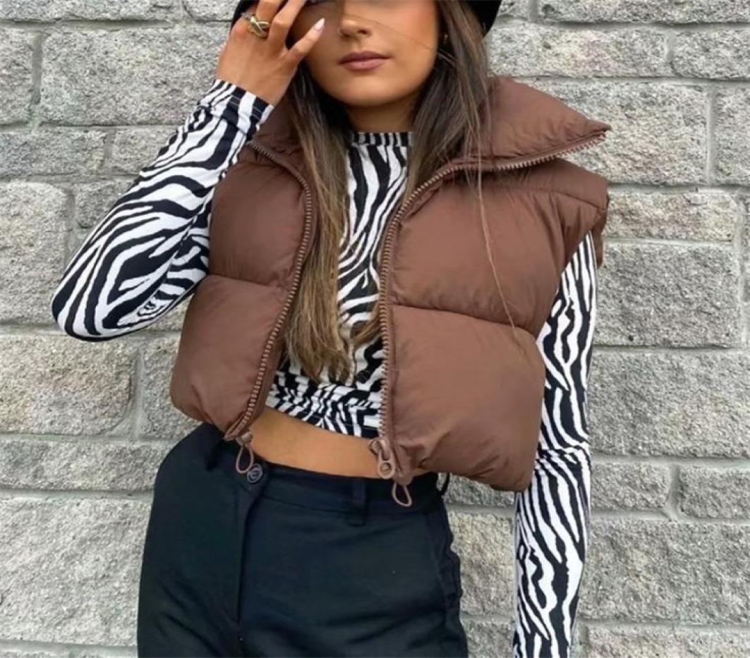 

Puffy Women Zip Up Stand Collar Sleeveless Lightweight Padded Cropped Puffer Quilted Vest Winter Warm Coat Jacket 2208114727218, Brown