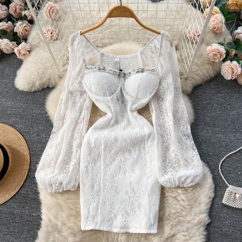 

Casual Dresses Spring Autumn Beaded Lace Wrap Hip White Dress Women Fashion Square Neck Short Sleeve Sexy Clothes Vestido Feminino J382, Black
