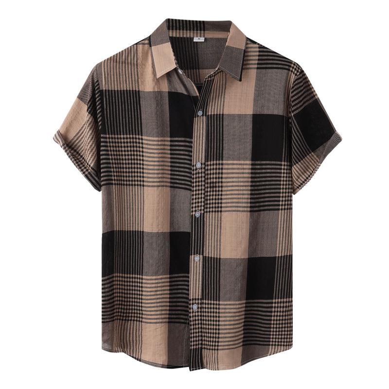 

Men's Casual Shirts Summer Plaid Print Shirt Fashion Short Sleeve Single Breasted Turn-Down Collar Men Vestidos Dress Camisas #, Coffee