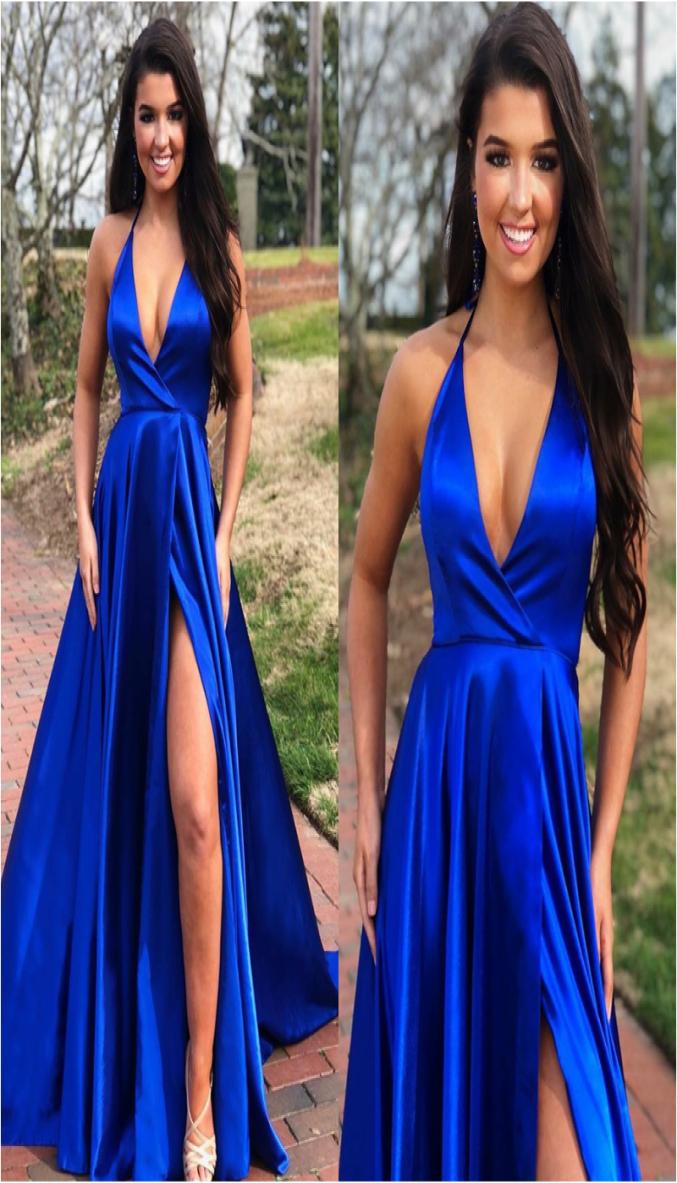 

Simple Royal Blue Halter Prom Dresses High Slits Sexy Deep V Neck Elastic Satin Full Length Evening Dress Cheap Aline Holiday Part4905415, Daffodil