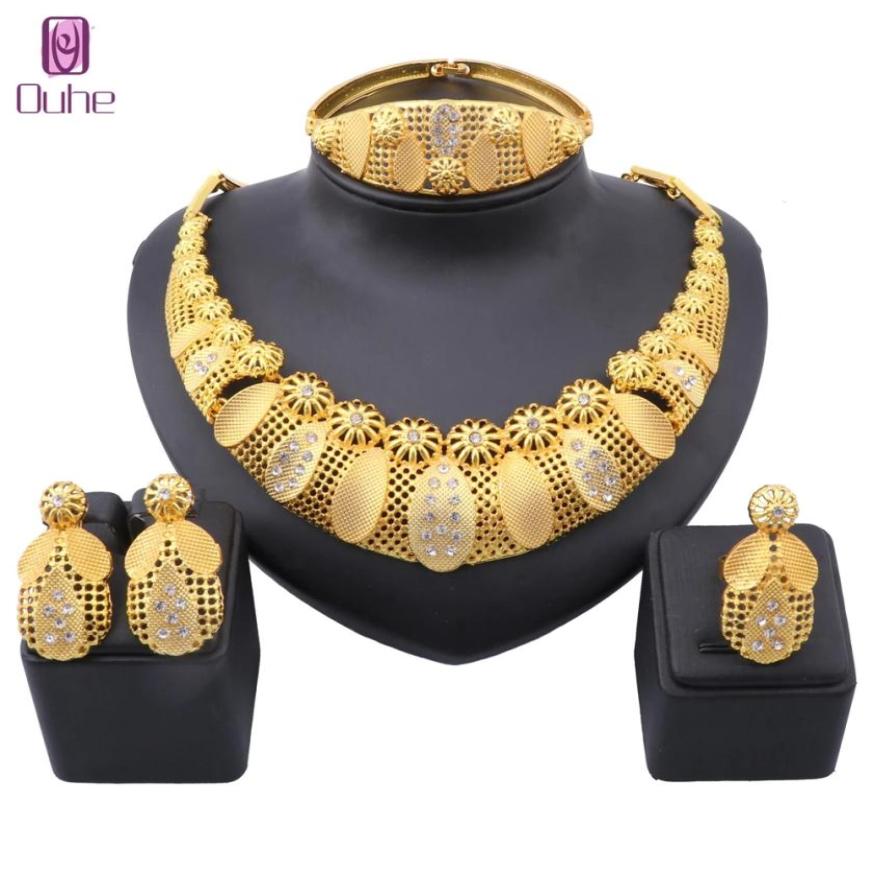 

Dubai Gold Color Crystal Jewelry Set For Women Necklace Earrings Bracelet Ring Italian Bridal Wedding Accessories Jewellry Sets3716667