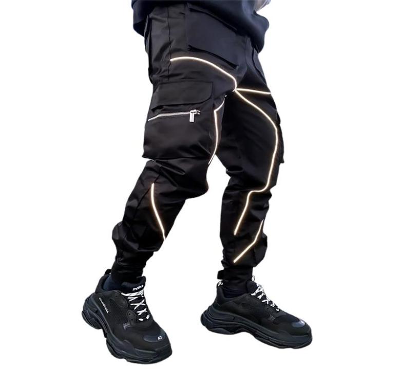 

Spring Autumn cargo pants men fashion Hip Hop cool High street joggers nighttime reflective trousers casual Men039s Sweatpants5053038, Black