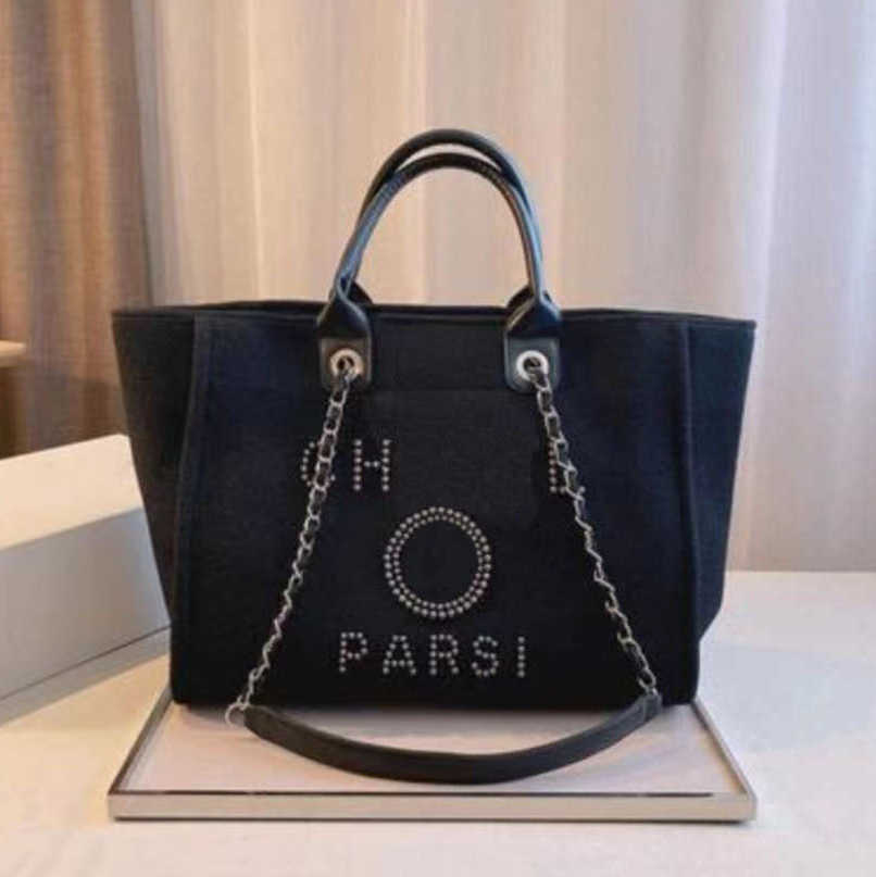 

Luxury Women's Hand Canvas Beach Bag Tote Handbags Classic Large Backpacks Capacity Small Chain Packs Big Crossbody RINF, Black white