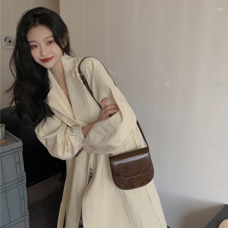 

Women's Trench Coats For Women Apricot Lacing Turndown Collar Fashion All-Matching Female Midi Windbreaker Fall Winter Clothes 2023