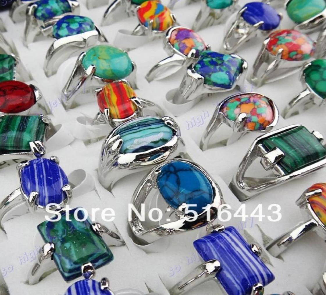 

New Arrival 50pcs Charms Vintage Mix Natural Malachite Stones Turquoise Silver Womens Mens Rings Whole Jewelry Lots A91897056521917926