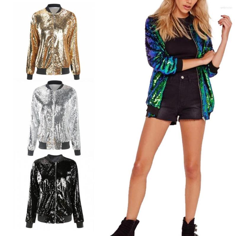 

Women' Jackets Autumn Women Sequin Bomber Jacket Long Sleeve Front Zip With Ribbed Cuffs Coats Casual, Black