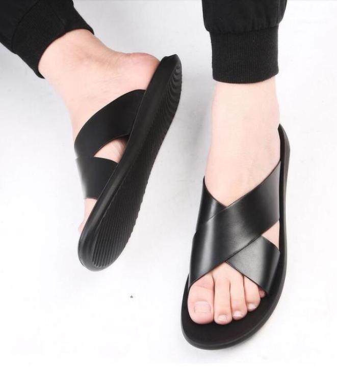 

Sandals Men Genuine leather Slippers Summer Brand Soft Comfortable Beach Slippers Men Casual Cross Outdoor Slides 4811368567, Black