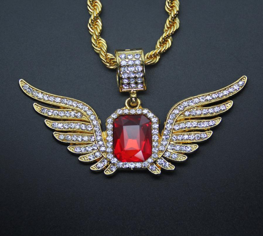 

Hip Hop Angel Wings with Big Red Ruby Pendant Necklace for Men Women Iced Out Jewelry8755334