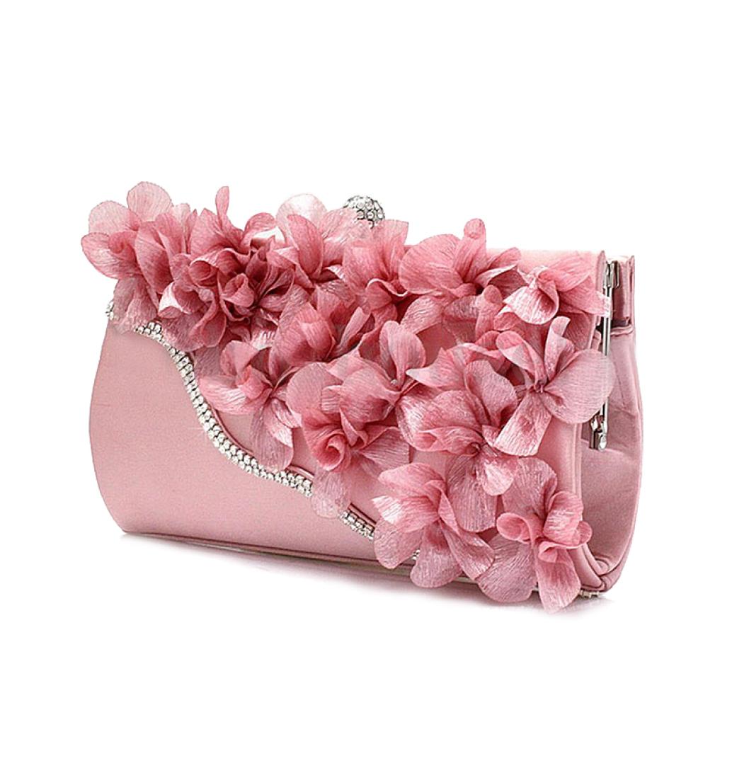 

VSEN Lady Satin Clutch Bag Flower Evening Party Wedding Purse Chain Shoulder Handbag 5 Colors9723741, Ivory