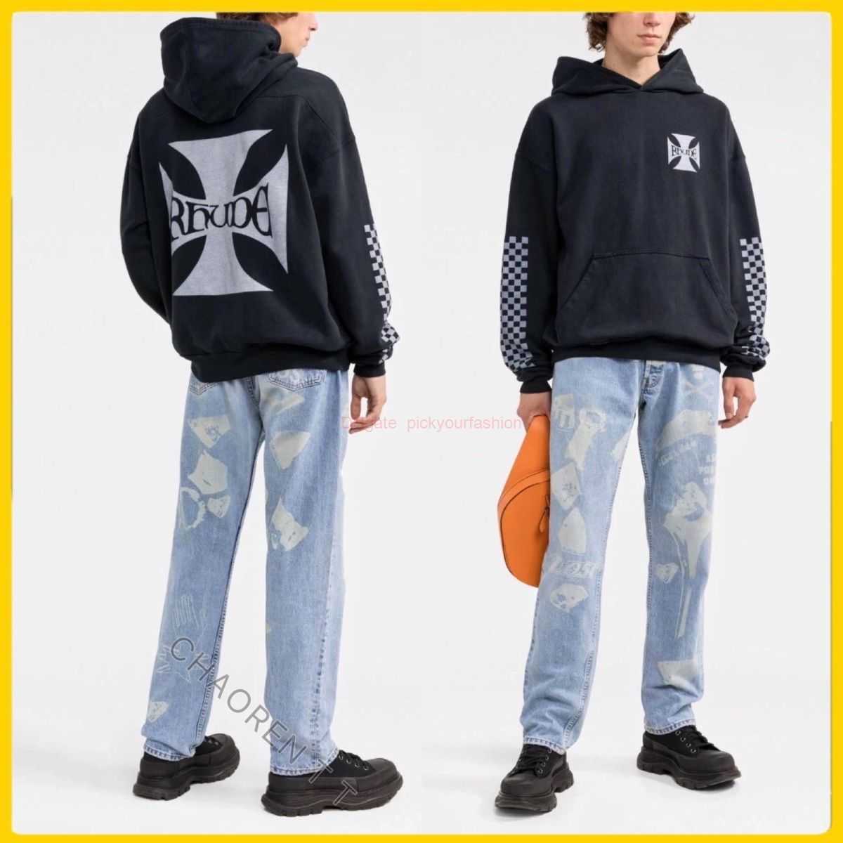 

Designer Clothing Mens Sweatshirts Hoodies High Version Rhude Winter Wash Checkerboard Print Hoodie American Fashion Brand Mens Womens Coats Fashion Streetwear P, Shipping fee