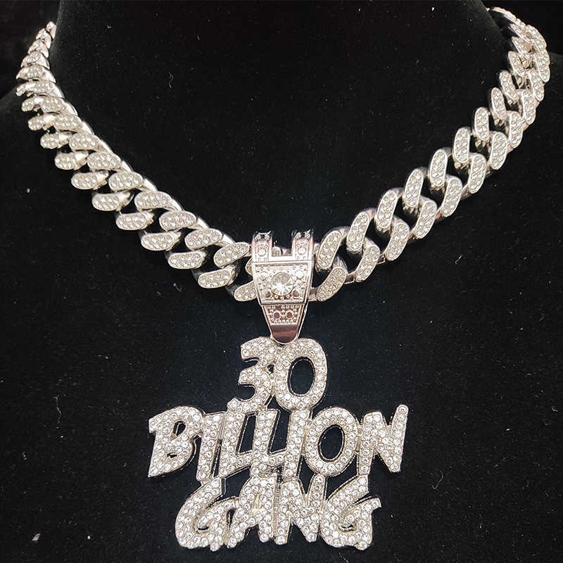 

Men Women Hip Hop 30 Billion Gang Pendant Necklace with 13mm Crystal Cuban Chain HipHop Necklaces Rapper Charm Jewelry Gifts