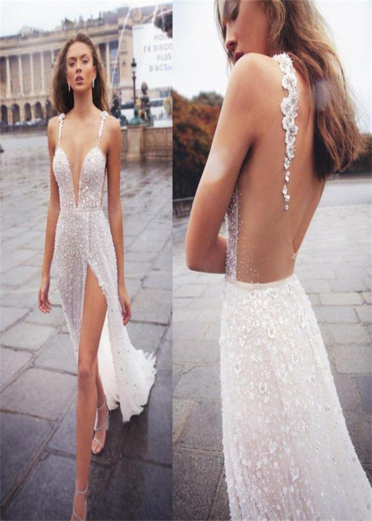 

2020 New Sexy Wedding Dresses with High Slit Beading Appliqued Backless Bridal Gowns Beach Robe De Mariee2229084, Light yellow