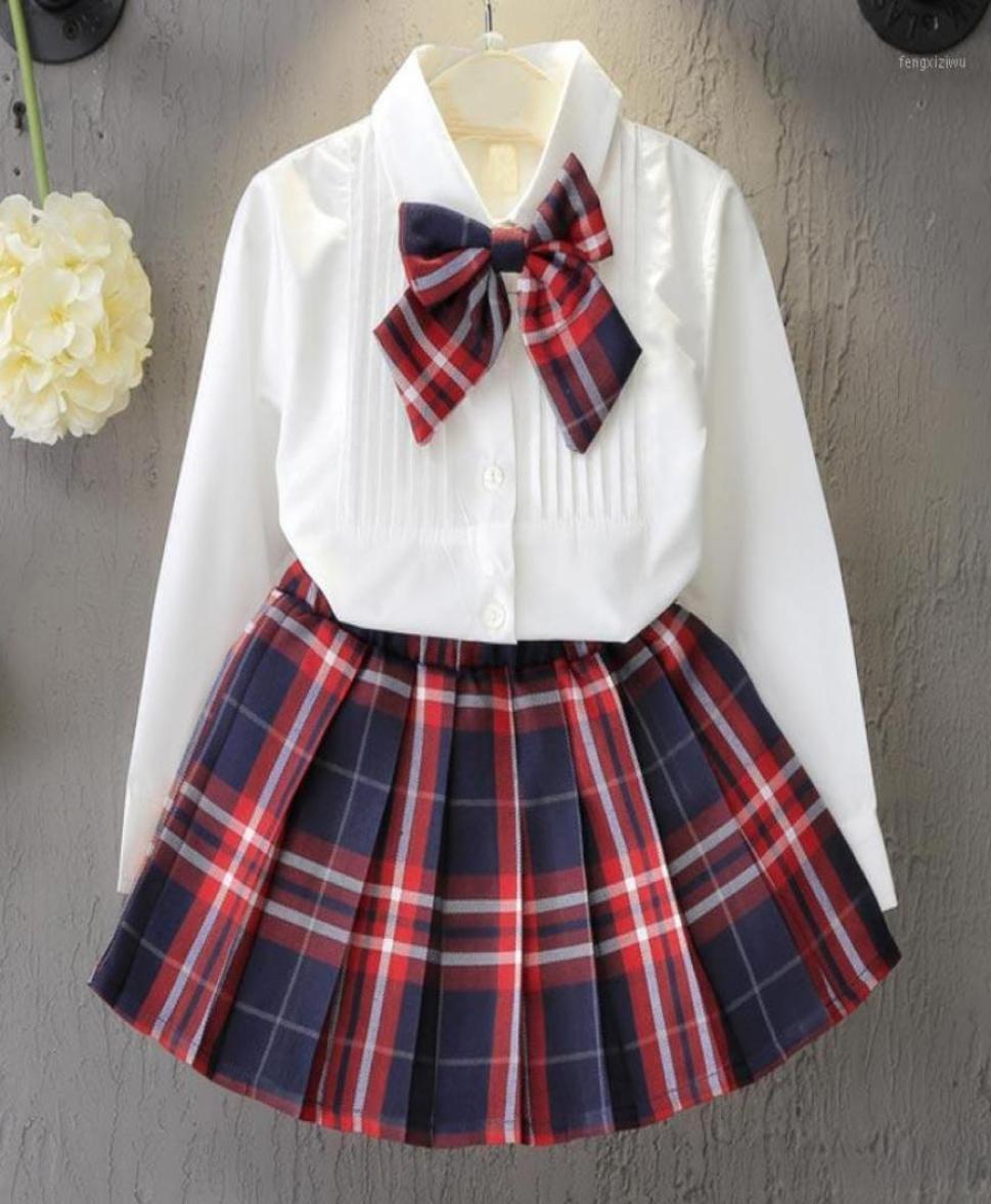 

New Christmas Outfits Girls Clothing Sets Casual Girls Dress Set Shirt Top Plaid Knot Tie Plaid Mini Skirt 3 Pcs Set Suits12485025, Red