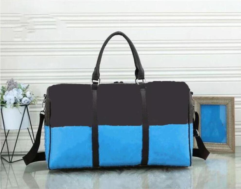 

High quality 53cm women men fashion travel bags duffle bag leather luggage handbags large contrast color capacity sport stripe Tot2720913, Sky blue