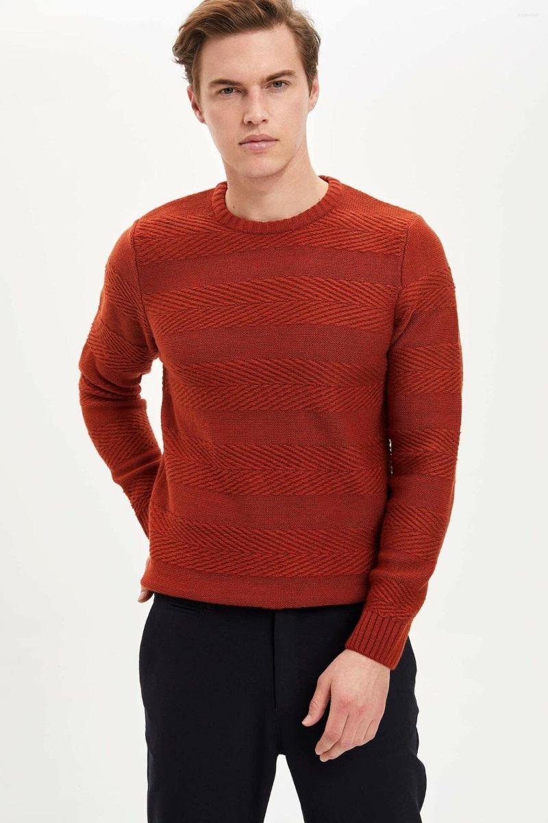

Men's T Shirts DeFacto Autumn Man Fashion O-neck Knitted Tops Male Long Sleeves Pure Color T-shirt Clothes - L8808AZ19WN, Orange