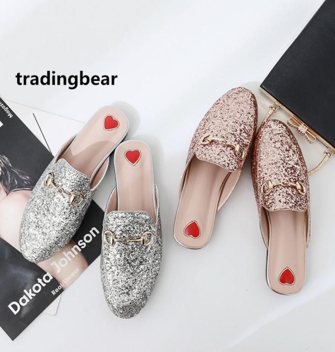 

Fashion flat mule glitter pink silver sequined slipper women shoes pumps size 35 to 39 40 415706110, White