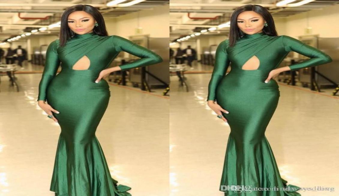 

2019 Elegant Green High Neck Evening Dress Sexy Keyhole Long Sleeves Celebrity Formal Holiday Wear Party Gown Custom Made Plus Siz1363343, Hunter