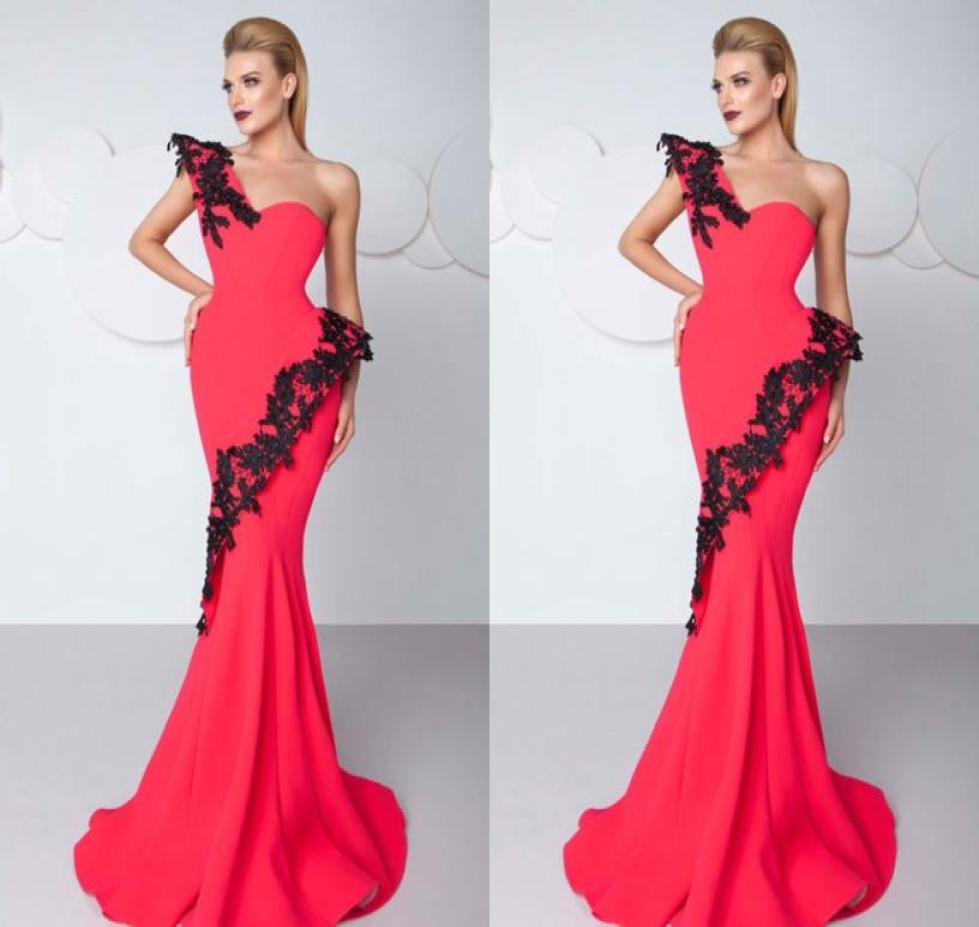 

2018 Sexy Red Mermaid Prom Dresses one Shoulder Sweep Train Women evening Gowns Applique Lace Made In China Elegant Party Gown6381166, Same as picture