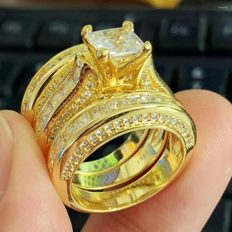 

Cluster Rings Cute Female Big Zircon Ring Set Crystal 925 Silver Yellow Gold Bridal Wedding Jewelry Promise Engagement For Women