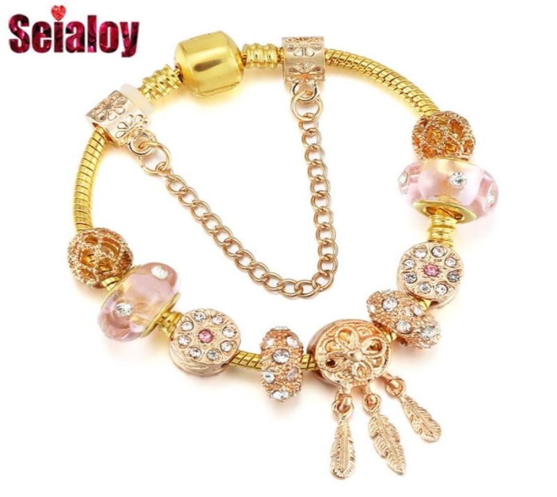 

Charm Bracelets Seialoy Gold Dream Catcher For Women Men Original Pink Glass Crystal Beaded Bracelet Bangle Jewelry Gift9980865