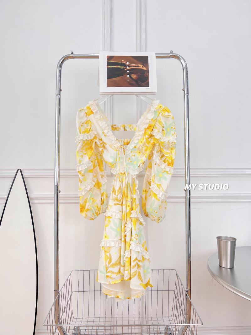 

Casual Dresses 2023 Women Fashion Long-sleeved V-neck Halter Hollow Print Short Dress 0420