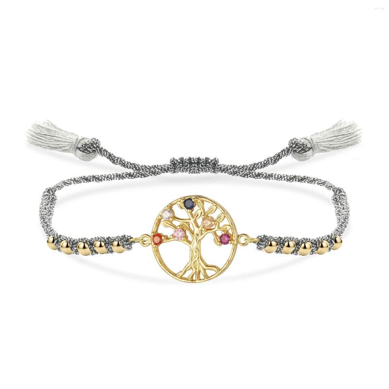

Charm Bracelets Multicolor Cubic Zirconia Crystal Gold-plated Copper Tree Of Life Round Circle Bracelet Women Grey String Macrame Jewelry