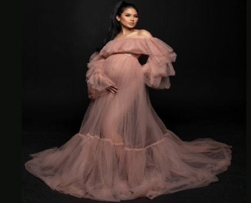 

Real Pos Tulle Maternity Dress for Pography Pre Raphaelite Inspired Dress Boho Maternity Gown See Through Mesh Long Dress4537778, Apricot
