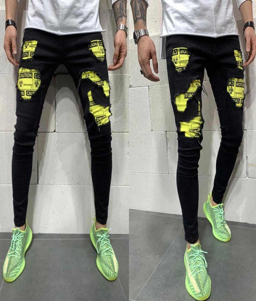 

EBaihui Decorate Yellow Hole Slim Men039s Jeans Demin Trousers Stretch Male Hight Street Black Jeans PN013416476