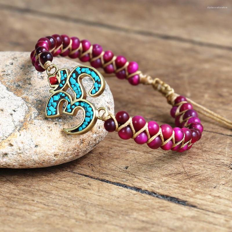 

Charm Bracelets 4mm Rose Red Tiger Eye Stone Beads Braided Bracelet For Women Men Double Layer Weave OM Handmade Jewelry