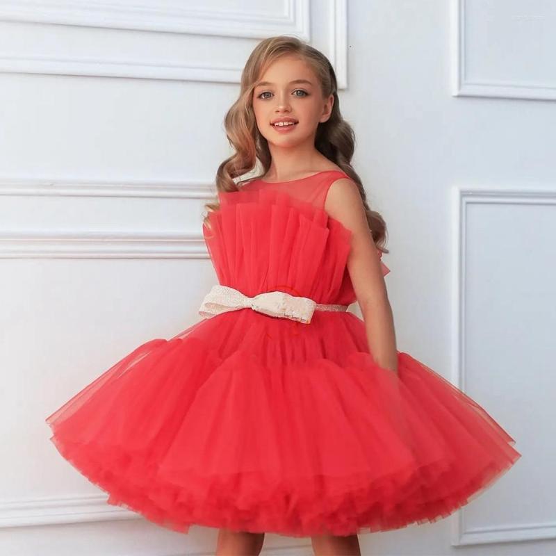 

Girl Dresses Red Tulle Flower Dress Knee Length Sheer Neck Princess Birthday Party Gown Christmas Year