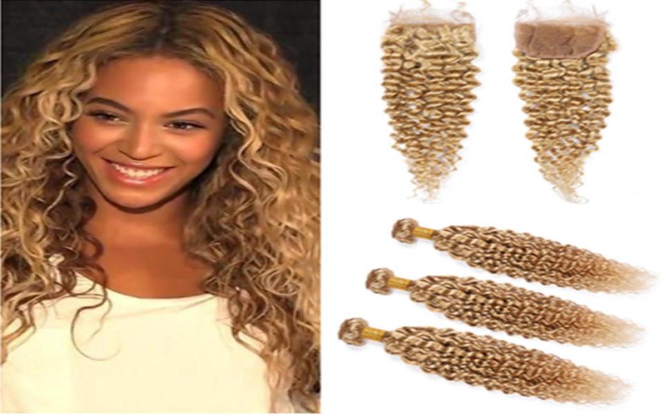

Honey Blonde Peruvian Curly Human Hair Weave Wefts with Closure 27 Light Brown Kinky Curly Virgin Hair 3Bundles with Lace Closure2465165, Ombre color