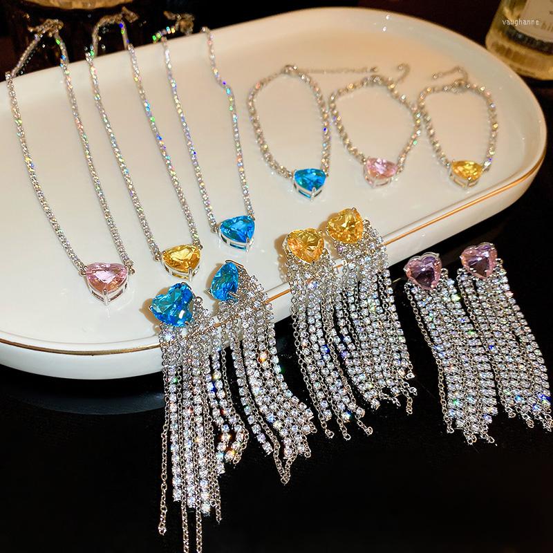 

Necklace Earrings Set DREJEW Sparkly Multicolor Zircon Jewelry Heart Pendant Bracelet Rhinestone Tassel Bridal Fashion Accessories, Picture shown