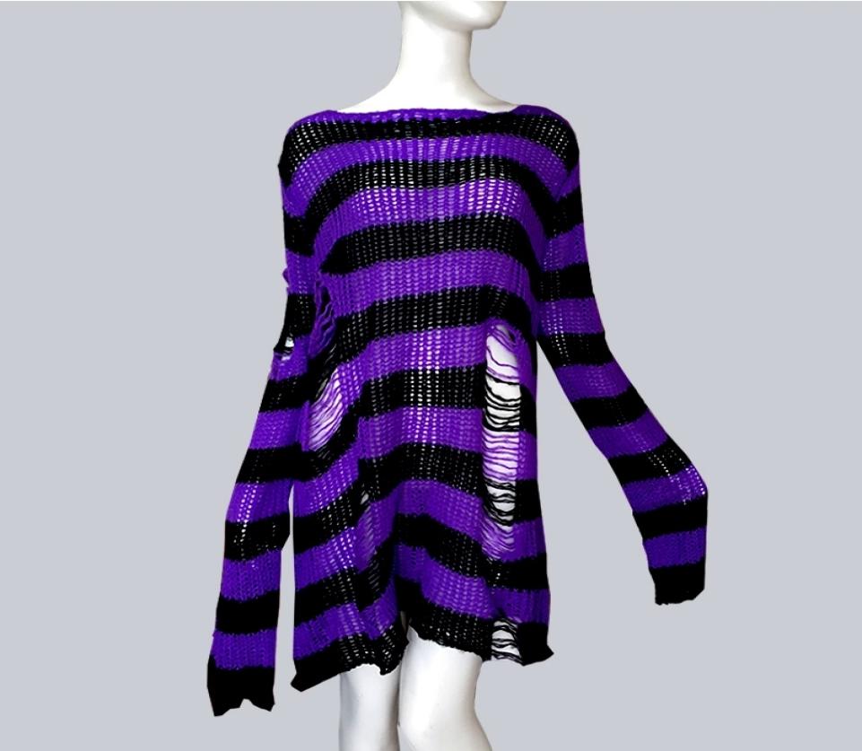 

Plus Size Punk Gothic Long Unisex Sweater Dress Women Man Striped Cool Hollow Out Hole Broken Jumper Loose Rock Thin Sweter Y200115438467, Gray