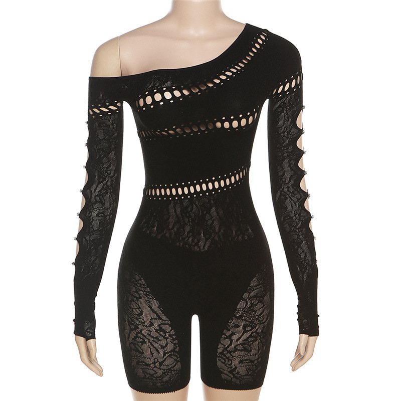 

Women's Rompers Jumpsuit Summer New Female Sexy Hollowed Out Tight knit Perspective High Waist Casual One-piece Shorts
