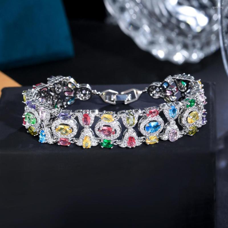 

Link Bracelets BeaQueen Colorful Oval Shaped Cubic Zirconia Silver Plated Summer Party Boho Jewelry For Women Brides Accessories B263