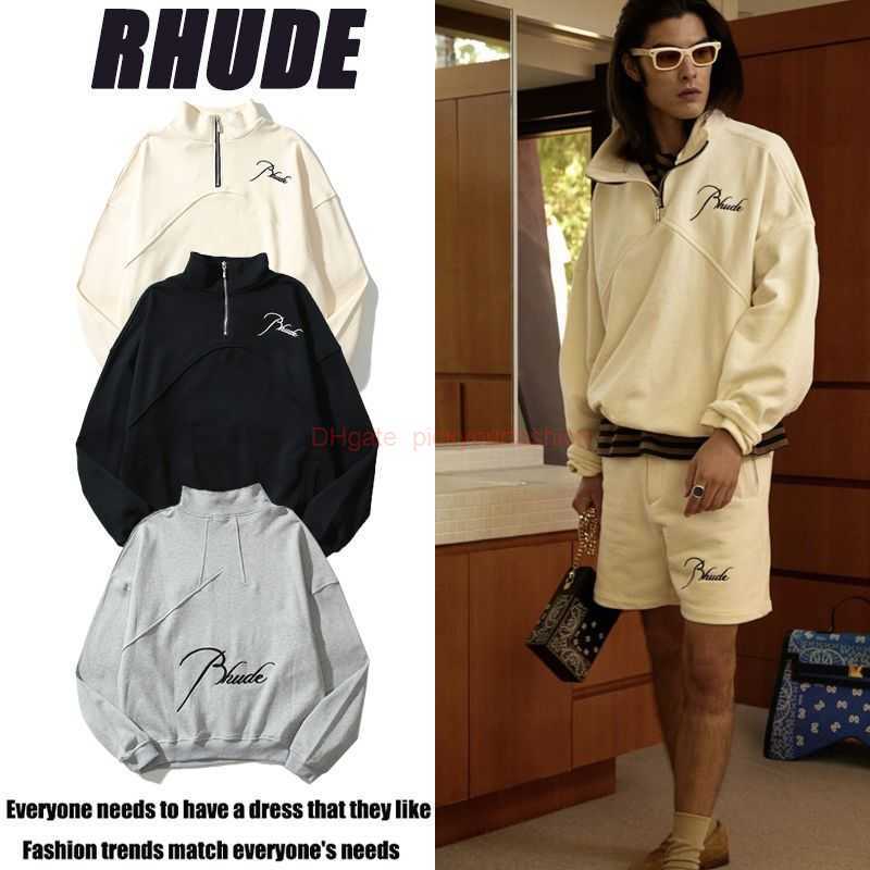 

Designer Clothing Mens Sweatshirts Hoodies Rhude Autumn Winter Stand Collar Half Zipper Long Sleeve Embroidery Ins Versatile Loose American High Street Bodysuit f, Shipping fee