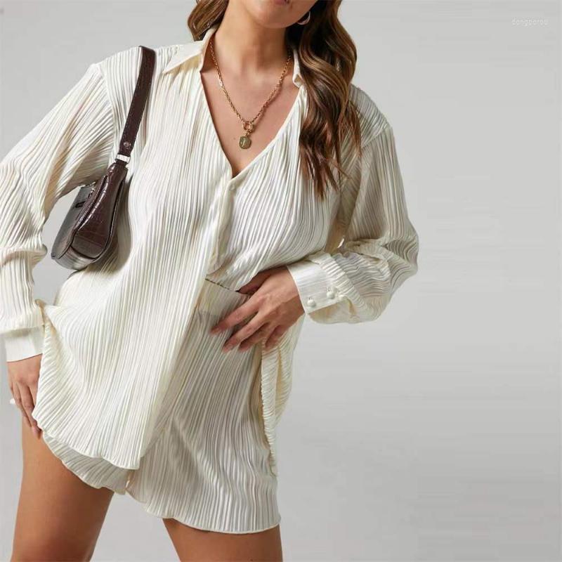 

Women' Tracksuits Ekaliy 2023 V Neck Pleated Shorts Set Loose Solid Color Long Sleeves Lapel Shirts Casual Spring Summer 2 Piece Sets Women, Black