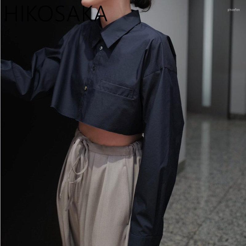 

Women' Blouses Summer Loose Casual Short Shirts Tops Turn-down Collar Single Breasted Long Sleeve Crop Top Japanese Commuter Blusas, White