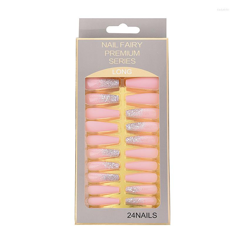 

False Nails Pink Glitter Ballet Wearable 24pcs Long Coffin Nail Tips Press On, 11