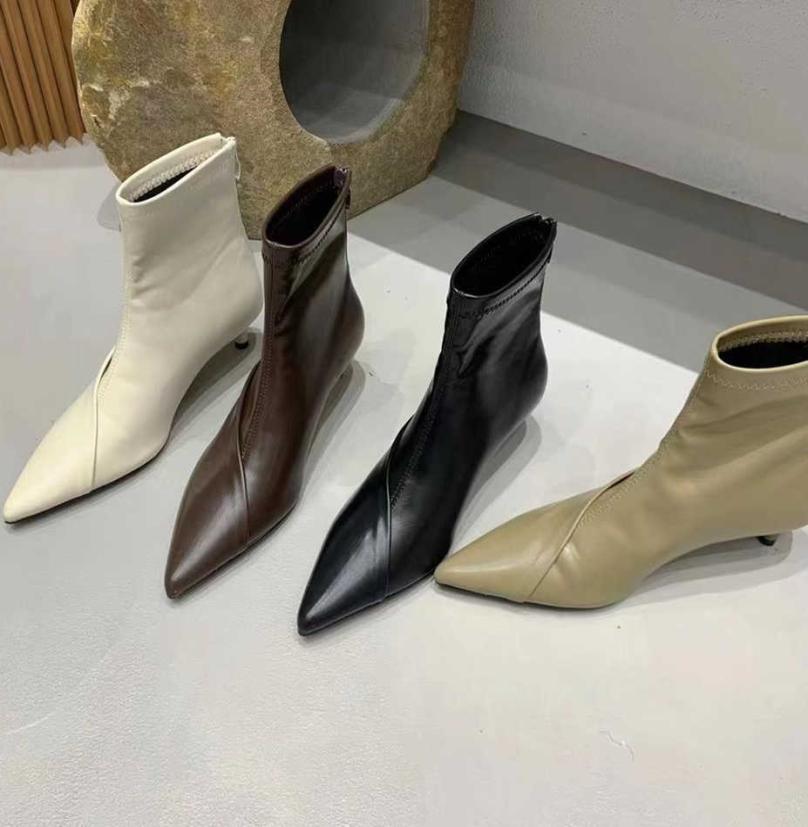 

women shoes high heels Splicing Pointed Thin Heel Elastic Soft Leather Slim Short Boots Women039s Slim and Bare Boots5947741, Black