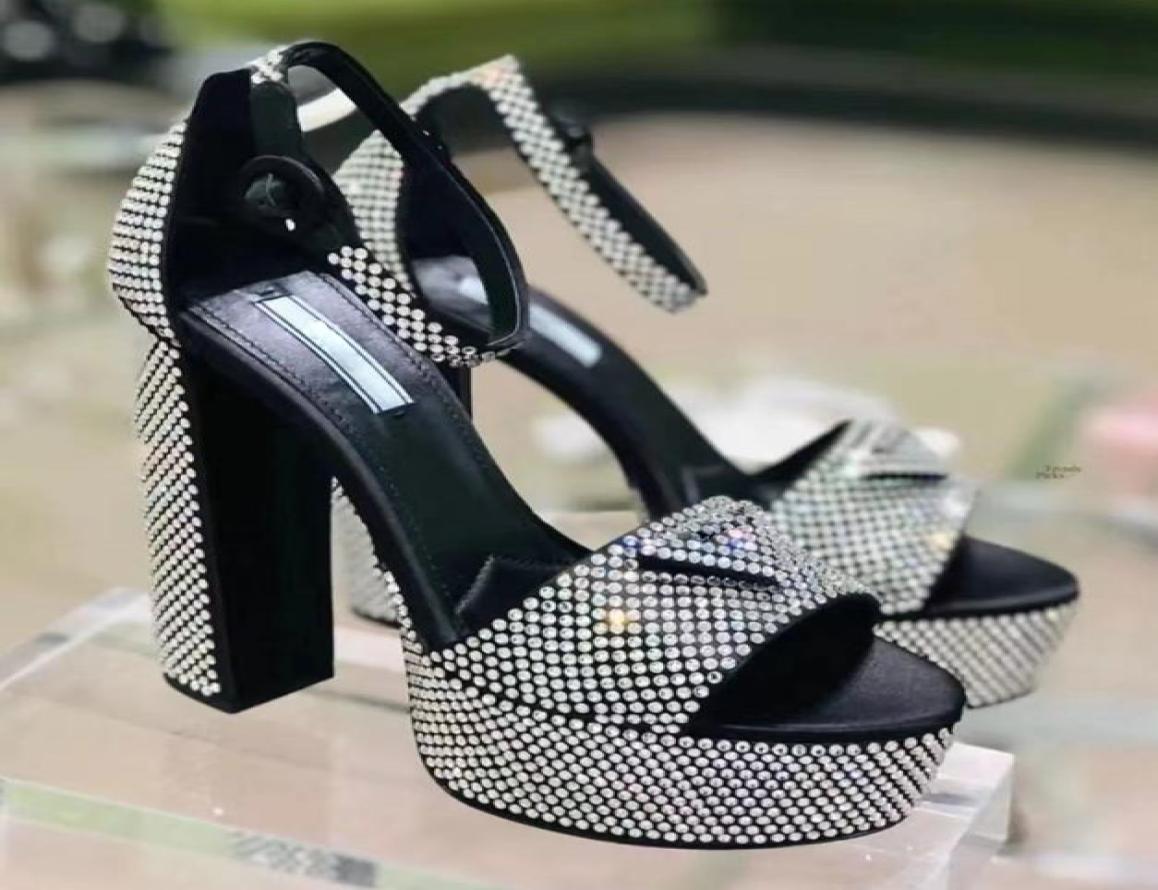 

Rhinestone Sandals Luxury Designers Womens Platform Heel Dress Shoes Classic Triangle Buckle Ankle Strap Pumps 11CM High Heeled Wo9768933, Black