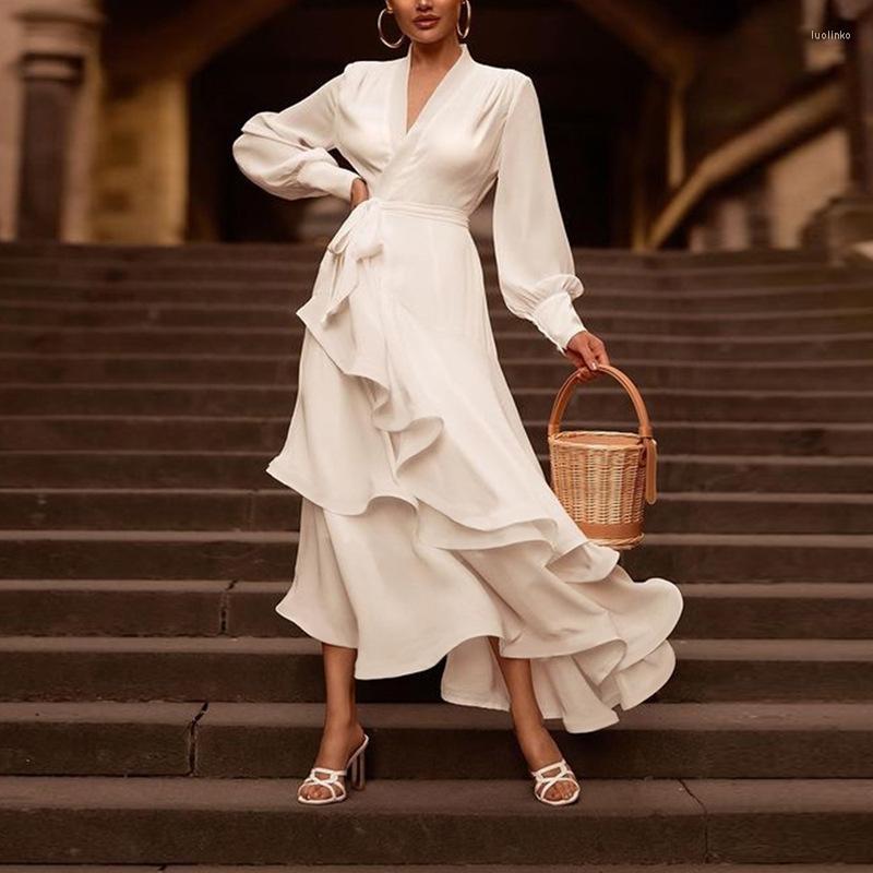 

Casual Dresses Spring Women' Deep V-Neck Long Sleeve Solid Color Closed Waist Binding Bow And Ankle Peplum Dress, White